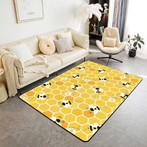 Honeycomb Area Rug 5x7, Bee Flowers Rug for Kids Child Girls, Flying Wildlife Geometry Carpet for Bedside, Hexagon Beehive Rustic Floral Simplistic Geometrical Washable Decorative Rug