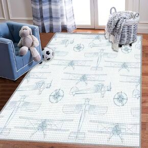 Kids Play Area Rugs Seamless with Vintage Airplane in Several projections Graph Paper 3D Carpet Extra Large Rug Kids' Bedroom Playroom Nursery Décor for Boys Girls, Learning & Playing 5x8 ft