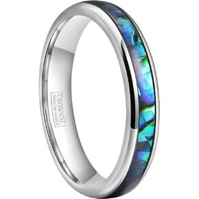 4mm Abalone Shell/Turquoise Granules Inlay Tungsten Wedding Band Ring Black Silver Men Women Domed Polished Comfort Fit Size 4 To 11