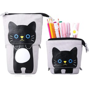 iSuperb Transformer Stand Cute Cat Telescopic Pencil Pouch/Case with Zipper Canvas+PU Cartoon Pencil Bag Stationery Box for Kids Girls Boys School Supplies 7.5 x 4.9 x 3.0inch/4.1x 3.0inch