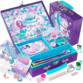 Mermaid Journal Stationery Set for Girls - 54 Pieces Mermaid Toys Ages 4 5 6 7 8 9 10 11 12 Year Old - Stationery Letter Writing Art Kit with Storage Case - Mermaid Crafts for Girls Best Birthday Gift