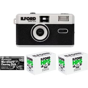 Bundle of Ilford Sprite 35-II Reusable/Reloadable 35mm Analog Film Camera (Black and Silver) with Two Rolls of HP5 Film and Cloth