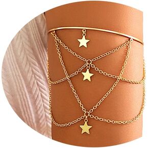 Multi-Layered Copper Sequin Tassel Upper Arm Chain Bracelet Summer Upper Long Chain Armlet Adjustable Open Arm Cuff Bangle Bracelets Beach Body Jewelry for Women