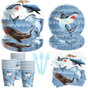 Shark Birthday Plates And Napkins Party Supplies - Shark Birthday Decorations, Paper Plate, Cup, Napkin, Disposable Fork, Ocean Under The Sea Shark Theme Birthday Party Tableware | Serve 24