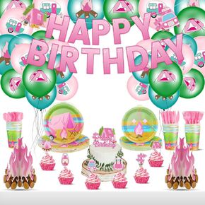 154 Pcs Girl Camping Party Decorations Include Cake Topper Balloons Pink Happy Birthday Banner Plates Cups Spoons Forks Knives Campfire Centerpiece for Camping Themed Birthday Party Supplies