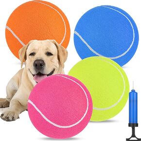 4 Pcs Inflatable Giant Tennis Ball for Dogs 9.5 Inch Jumbo Dog Ball Herding Dog Ball Rubber Outdoor Indoor Large Ball with Pump Needle Interactive Dog Ball for Pet Training (Multicolor)