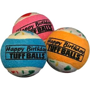 PetSport Happy Birthday Tuff Ball Dog Toys | 3 Pack Medium (2.5") Pet Safe Felt & Extra-Thick Rubber Tennis Balls for Durability and Bounce | Makes a Great Gift