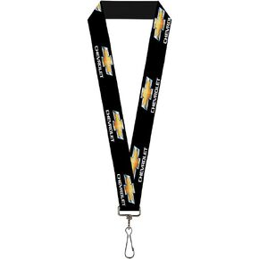 Buckle Down Lanyard-1.0"-Chevrolet Bowtie Logo Black/Silver/Gold/WHI