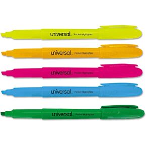 Universal UNV08850 Chisel Tip Assorted Ink/Barrel Pocket Highlighters (5/Set)