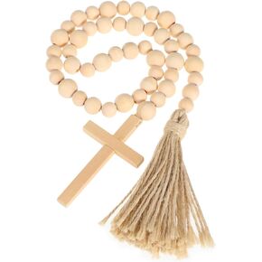 PRETYZOOM Easter Wood Bead Garland, 36 Inches Blessed Wood Beaded Garland with Cross Pendant, Unpainted Wooden Bead Garland, Prayer Boho Beads Farmhouse Rustic Decoration