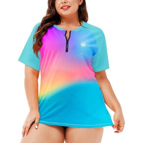AOBUTE Women Plus Size Rash Guard Zipper Short Sleeve SPF Swim Shirts