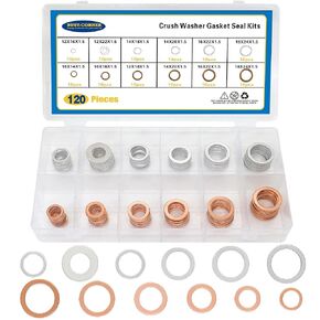 120 PCS Oil Drain Plug Crush Washer Gasket Seal Assortment, 60 PCS 6 Sizes Cooper and 60 PCS 6 Sizes Aluminum Oil Plug Washers, Universal Fit, 10mm 12mm 14mm 16mm 18mm