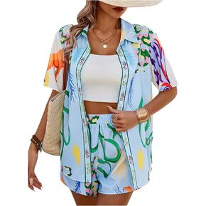Verdusa Women's 2 Piece Outfits Tropical Drop Shoulder Button Front Shirt Top with Shorts Set