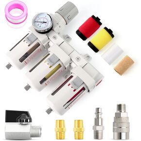 Industrial 1/2" NPT 3 Stage Air Drying System,Coalescing Filter, Particulate Filter and Air Regulator, Manual Drain for Air Tools and Spray Paint Gun