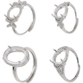CHGCRAFT 4Pcs 4Styles Adjustable Brass Pad Ring Settings 4 Claw Prong Ring Settings Finger Ring Components Ring Blanks for DIY Ring Jewelry Making, Platinum
