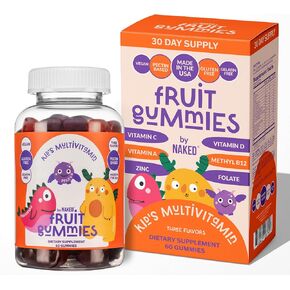 NAKED nutrition Kids Vitamin Gummies, Made in USA, GMO Free, Gluten-Free, Gelatin Free, Vegan, Kids Vitamins A, C, D, E, B6, B12, Zinc, 3 Fruit Flavors, 30 Day Supply