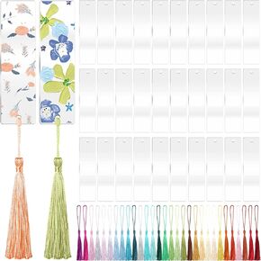 ZYNERY 60 Pcs Acrylic Bookmark Blanks, 30 Pcs Acrylic Bookmarks with 30 Pcs Tassels, Unfinished Transparent Bookmarks, Double Sided DIY Rectangle Bookmarks for Christmas Gift (1.3 x 4.7 Inch)