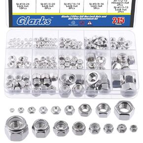 Glarks 215Pcs Nylon Insert Hex Lock Nuts and Hex Nuts Assortment Kit, 304 Stainless Steel SAE Sizes #2-56#4-40#6-32#8-32#10-24 1/4-20 5/16-18 3/8-16 1/2-13