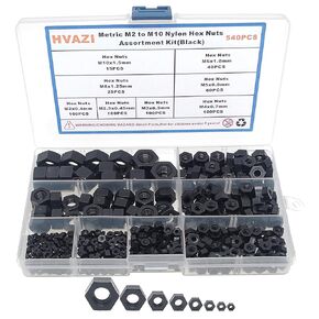 Metric M2 M2.5 M3 M4 M5 M6 M8 M10 Nylon Hex Nuts Assortment Kit (Black)