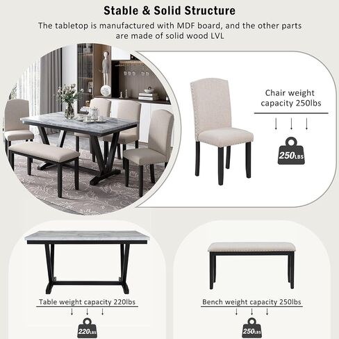 مطبخ على الطراز الحديث، طقم طعام مكون من 6 قطع مع 4 كراسي ومقعد واحد، وسطح طاولة بقشرة رخامية وأرجل طاولة على شكل حرف V (أبيض) in Kuwait