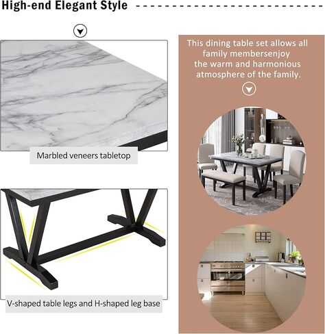 مطبخ على الطراز الحديث، طقم طعام مكون من 6 قطع مع 4 كراسي ومقعد واحد، وسطح طاولة بقشرة رخامية وأرجل طاولة على شكل حرف V (أبيض) in Kuwait