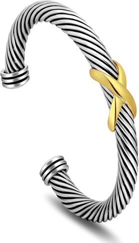 Thick Cable Bracelet for Women, Fashion Two Tone Gold Knot Cuff Mixed Metal Dupes Bracelet Adjustable Bangle Jewelry Gifts for Her in Saudi Arabia