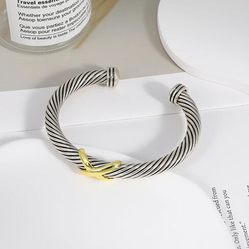 Thick Cable Bracelet for Women, Fashion Two Tone Gold Knot Cuff Mixed Metal Dupes Bracelet Adjustable Bangle Jewelry Gifts for Her in Saudi Arabia