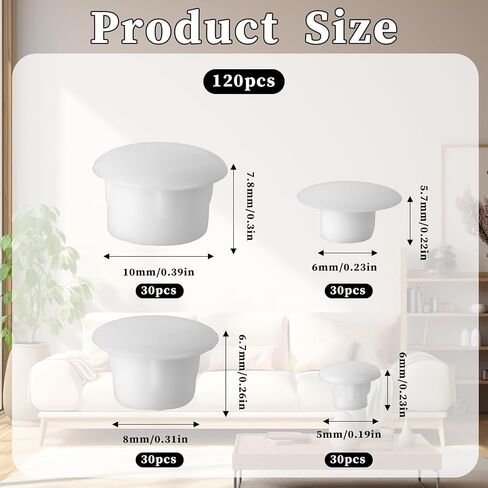 120 Pcs White Hole Plugs Screw Covers Caps Plastic Screw Caps Round Button Flush Type Plugs Screw Cap Screw Hole Plugs Plastic Hole Cover for Cabinets Shelves Brackets(5mm/6mm/8mm/10mm) in Saudi Arabia