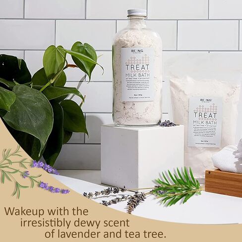 علاج حمام الحليب - نقع اللافندر والشوفان المهدئ - طبيعي بالكامل، نباتي، مصنوع يدويًا بالزيوت العطرية العضوية لترطيب غني بالمعادن، والاسترخاء المهدئ والنوم المريح in Kuwait