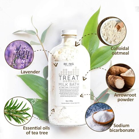 علاج حمام الحليب - نقع اللافندر والشوفان المهدئ - طبيعي بالكامل، نباتي، مصنوع يدويًا بالزيوت العطرية العضوية لترطيب غني بالمعادن، والاسترخاء المهدئ والنوم المريح in Kuwait