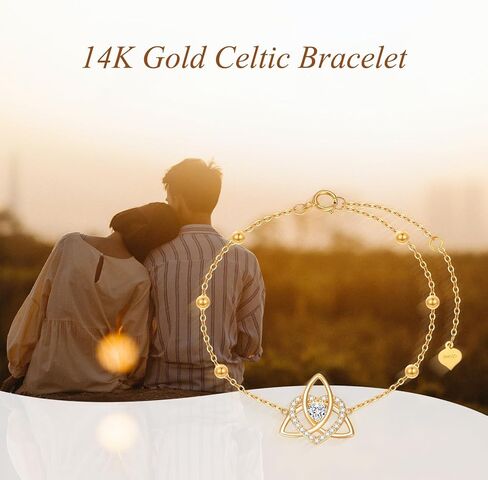سوار سلتيك من الذهب الحقيقي عيار 14 قيراط للنساء - سوار بعقدة سلتيك على شكل قلب 14 قيراط من الذهب الأصفر بعقدة سلتيك ترينيتي in Kuwait