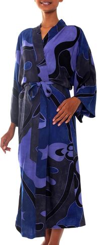 NOVICA Handmade Indonesian Batik Patterned Robe for Women - Soft Kimono Bathrobe with 53" Length, Ideal for Shower, Sleepwear, and Loungewear; Perfect Bridal Robe, Through the Seas' in Saudi Arabia