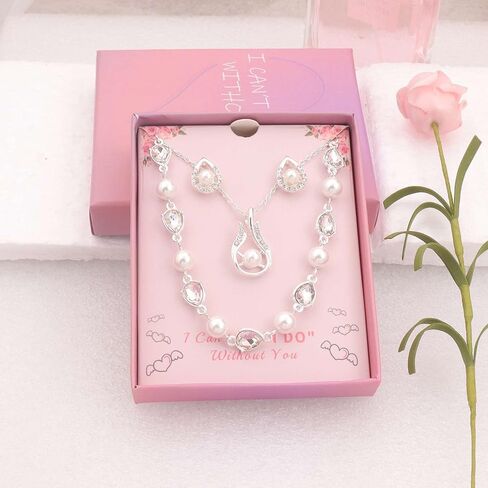 Bridesmaid Jewelry Set for Women Girls,18K Gold & Silver & Rose Gold Plated Teardrop Pendant with Pearl Necklace Earrings Bracelet Set,Bridesmaid Gift for Wedding/Proposal/Party/Anniversary in Saudi Arabia