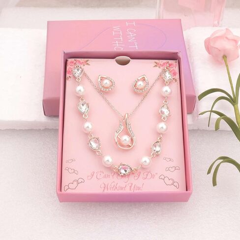 Bridesmaid Jewelry Set for Women Girls,18K Gold & Silver & Rose Gold Plated Teardrop Pendant with Pearl Necklace Earrings Bracelet Set,Bridesmaid Gift for Wedding/Proposal/Party/Anniversary in Saudi Arabia