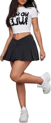 Floerns Women's Pleated Denim Mini Skirt V-Shaped Low Waist Zipper Skirt in Saudi Arabia