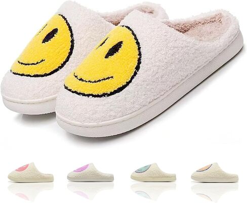 Cute House Slippers for Women Men with Memory Foam Retro Happy Face House Shoes Slippers Cozy Indoor Outdoor Fuzzy Plush Slip on Slippers Comfy Trendy Gift in Saudi Arabia