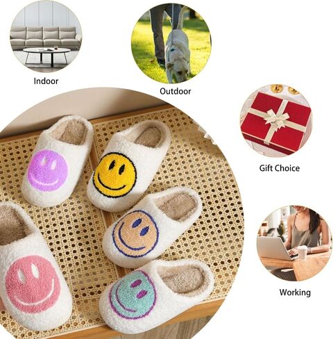 Cute House Slippers for Women Men with Memory Foam Retro Happy Face House Shoes Slippers Cozy Indoor Outdoor Fuzzy Plush Slip on Slippers Comfy Trendy Gift in Saudi Arabia