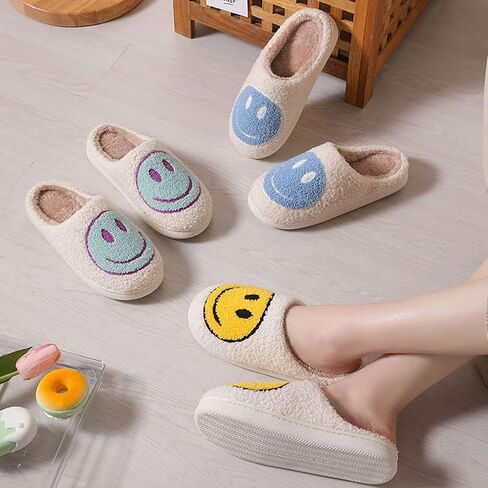 Cute House Slippers for Women Men with Memory Foam Retro Happy Face House Shoes Slippers Cozy Indoor Outdoor Fuzzy Plush Slip on Slippers Comfy Trendy Gift in Saudi Arabia