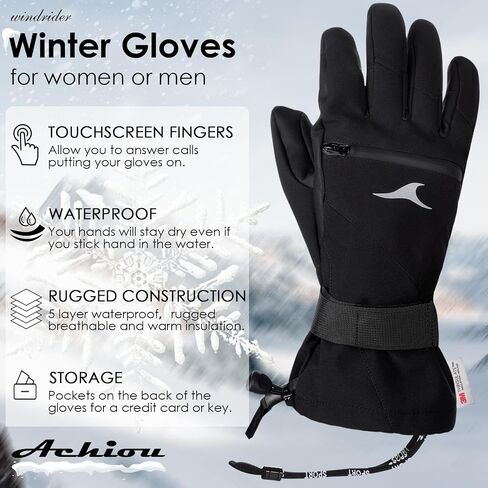 Achiou Ski Gloves Waterproof Snowboard Gloves,Winter Cold Weather Gloves for Men & Women,Touchscreen Snow Mittens in Kuwait
