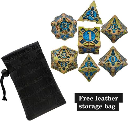 DND Dice Set Metal RPG Dice Set D&D Polyhedral Metal Dice Tabletop Game MTG D20 Dice Accessories Black Leather Storage Pouc - Silver Green in Saudi Arabia