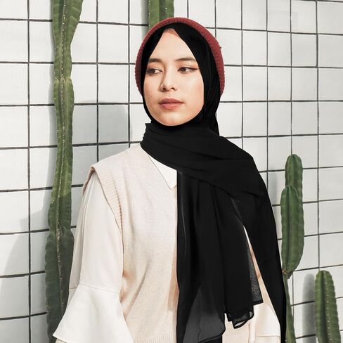 وشاح حجاب للنساء، وشاح رأس شيفون، وشاح رفيع، شال كبير، وشاح إسلامي للنساء والفتيات، أسود in Saudi Arabia