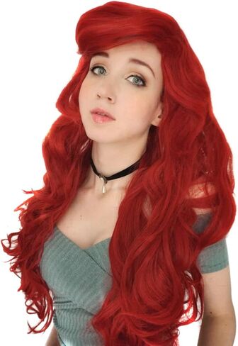 Princess Wig for Girl Red Long Curly Cosplay Wig Synthetic Fiber Halloween Costume Wigs in Kuwait