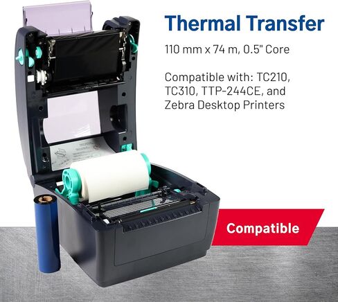 شريط النقل الحراري TSC Printronix Auto ID TTR، مصنوع من الشمع الفاخر، يستخدم مع الطابعات الحرارية، 110 مم × 74 م، 0.5 بوصة، أسود، 36 لفة لطابعات سطح المكتب TTP-244CE وZebra in Kuwait