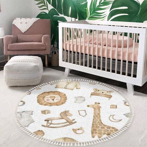 Round Boho Area Rug cute animals lion cub leopard giraffe elephant koala white Carpet with Tassels Washable Hallway Floor Mat Runner Rugs for Bedroom Bathroom Playroom Nursery Decor 3 ft in Saudi Arabia