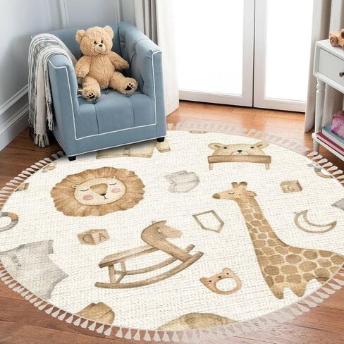 Round Boho Area Rug cute animals lion cub leopard giraffe elephant koala white Carpet with Tassels Washable Hallway Floor Mat Runner Rugs for Bedroom Bathroom Playroom Nursery Decor 3 ft in Saudi Arabia
