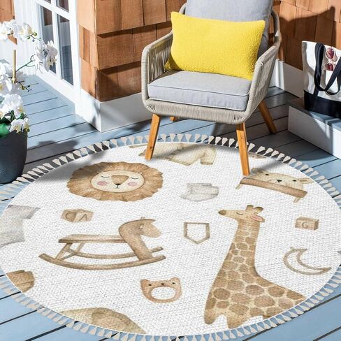 Round Boho Area Rug cute animals lion cub leopard giraffe elephant koala white Carpet with Tassels Washable Hallway Floor Mat Runner Rugs for Bedroom Bathroom Playroom Nursery Decor 3 ft in Saudi Arabia