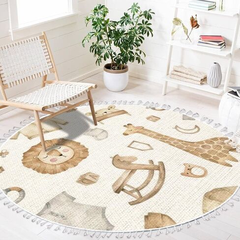 Round Boho Area Rug cute animals lion cub leopard giraffe elephant koala white Carpet with Tassels Washable Hallway Floor Mat Runner Rugs for Bedroom Bathroom Playroom Nursery Decor 3 ft in Saudi Arabia