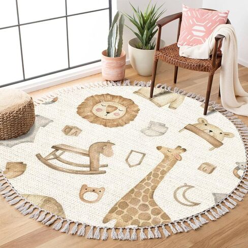 Round Boho Area Rug cute animals lion cub leopard giraffe elephant koala white Carpet with Tassels Washable Hallway Floor Mat Runner Rugs for Bedroom Bathroom Playroom Nursery Decor 3 ft in Saudi Arabia