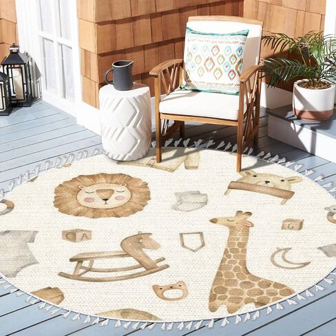 Round Boho Area Rug cute animals lion cub leopard giraffe elephant koala white Carpet with Tassels Washable Hallway Floor Mat Runner Rugs for Bedroom Bathroom Playroom Nursery Decor 3 ft in Saudi Arabia