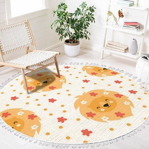 Round Boho Area Rug cute animals lion cub leopard giraffe elephant koala white Carpet with Tassels Washable Hallway Floor Mat Runner Rugs for Bedroom Bathroom Playroom Nursery Decor 3 ft in Saudi Arabia